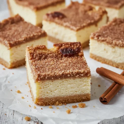 Close-up of a churro cheesecake bar featuring a cinnamon-sugar top crust, smooth cheesecake layer, and crisp bottom crust. Several bars are arranged on a whitewashed wooden table with cinnamon sticks and parchment paper, showcasing bright and inviting food blog photography.