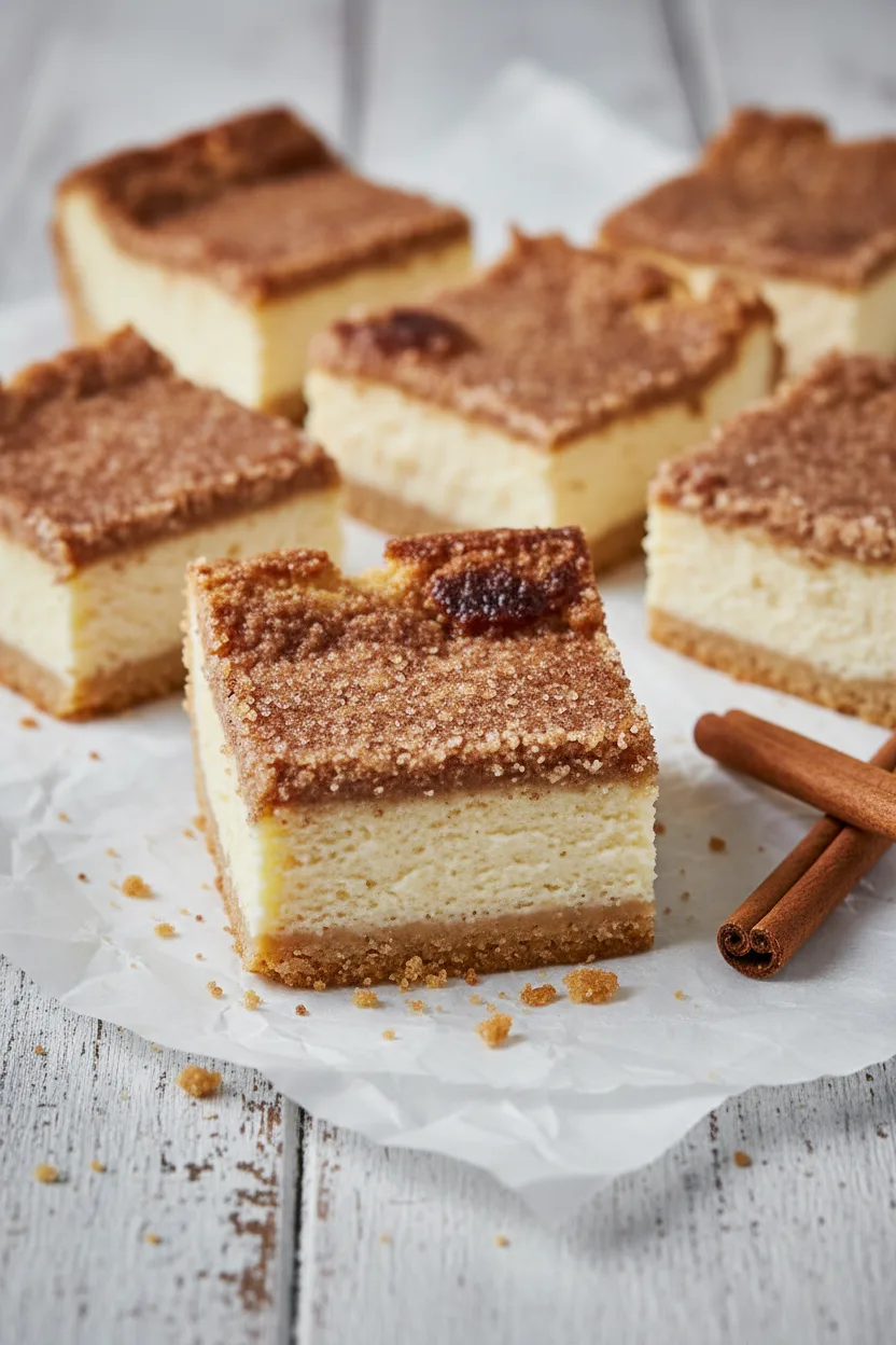 Close-up of a churro cheesecake bar featuring a cinnamon-sugar top crust, smooth cheesecake layer, and crisp bottom crust. Several bars are arranged on a whitewashed wooden table with cinnamon sticks and parchment paper, showcasing bright and inviting food blog photography.