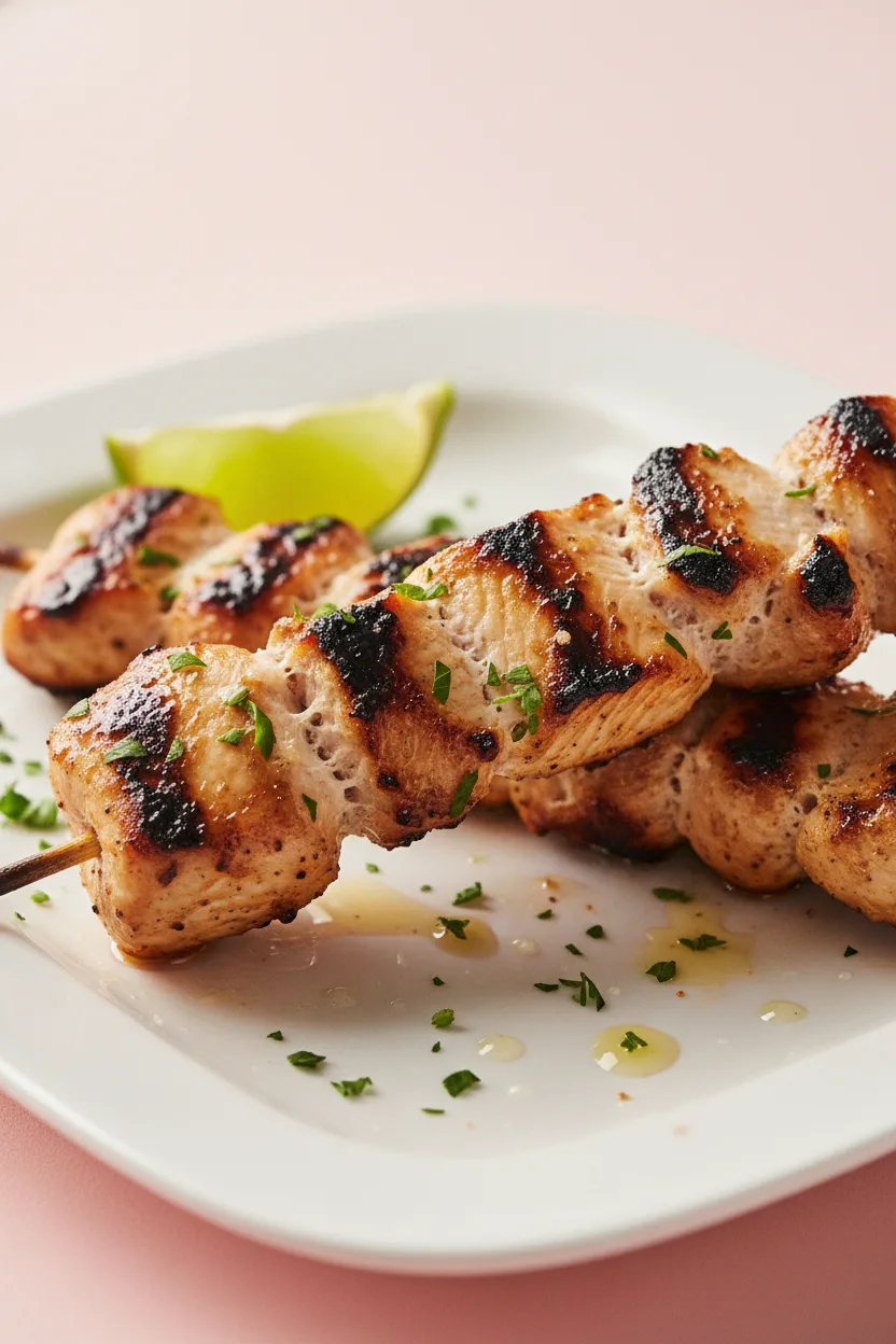Close-up of grilled Cilantro Lime Chicken Skewers on a white plate, garnished with lime wedges and parsley. The chicken has char marks and a glistening appearance, indicating a flavorful marinade. The background is a blurred light pink.
