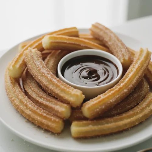 A plate of cinnamon sugar churros arranged artfully with a small bowl of dark chocolate sauce. The churros are lightly dusted with sugar and have a subtly rough, ridged texture. A blue plate is slightly visible in the background.