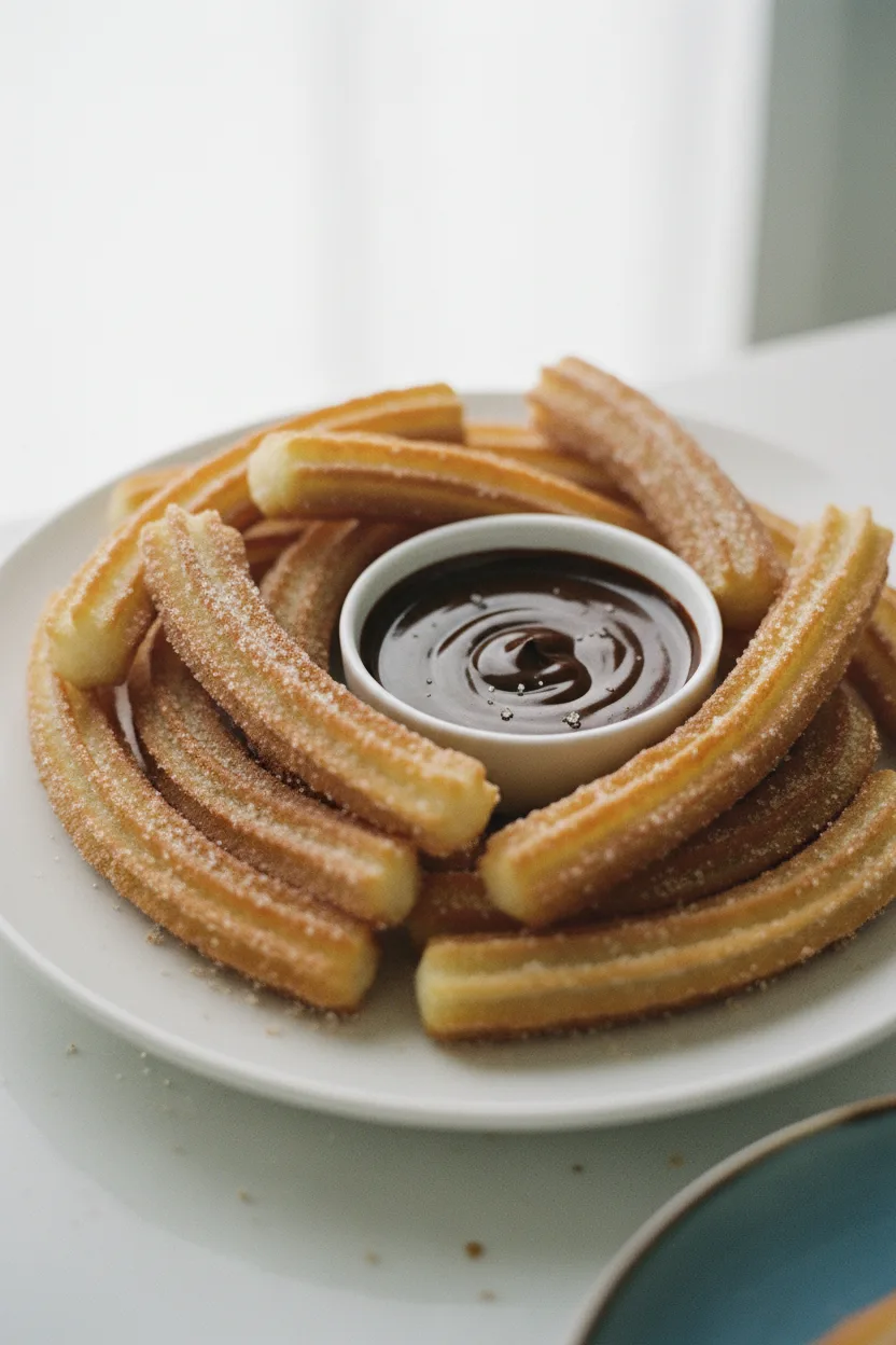 A plate of cinnamon sugar churros arranged artfully with a small bowl of dark chocolate sauce. The churros are lightly dusted with sugar and have a subtly rough, ridged texture. A blue plate is slightly visible in the background.