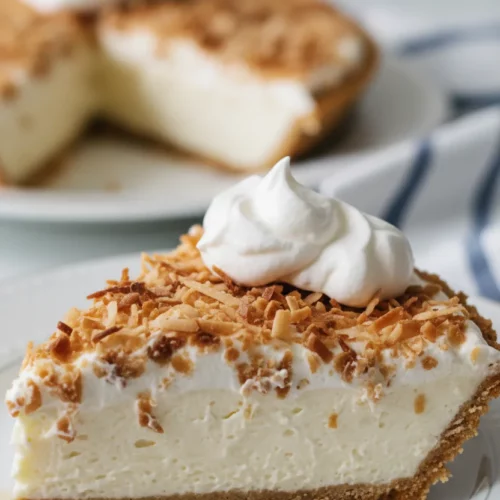 A slice of coconut cream lush dessert featuring a graham cracker crust, creamy layers, toasted coconut flakes, and soft whipped cream.