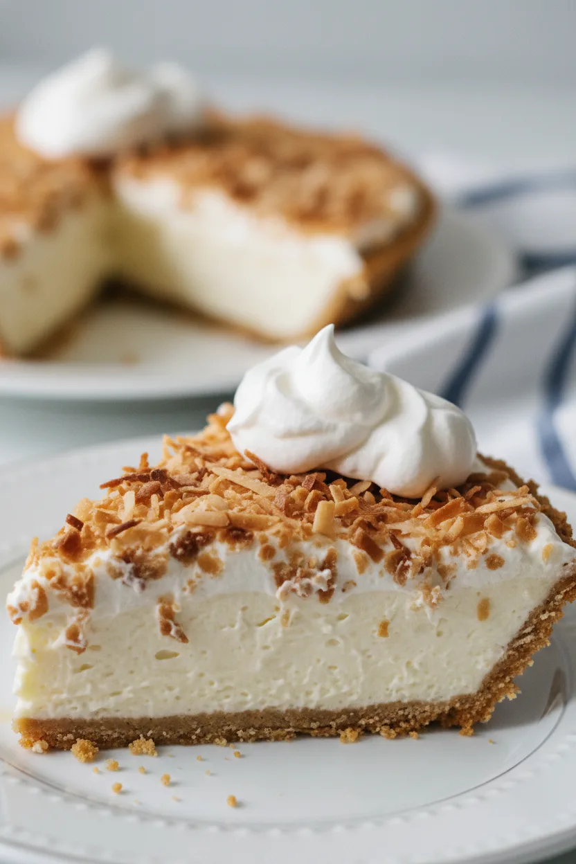 A slice of coconut cream lush dessert featuring a graham cracker crust, creamy layers, toasted coconut flakes, and soft whipped cream.