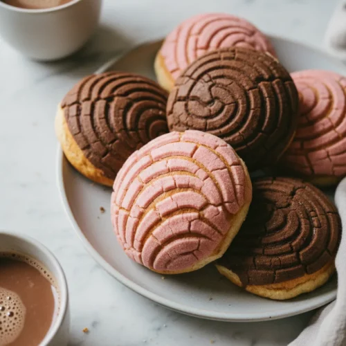 A bright, airy commercial shot of a collection of conchas, Mexican sweet bread pastries, arranged on a light gray marble surface with mugs of chocolate and a linen napkin.