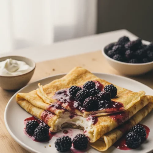 Thinly rolled crepes generously drizzled with a vibrant berry sauce, topped with fresh blackberries. Served on a white plate with a dollop of whipped cream and a fork. Close-up shot of a breakfast or dessert.