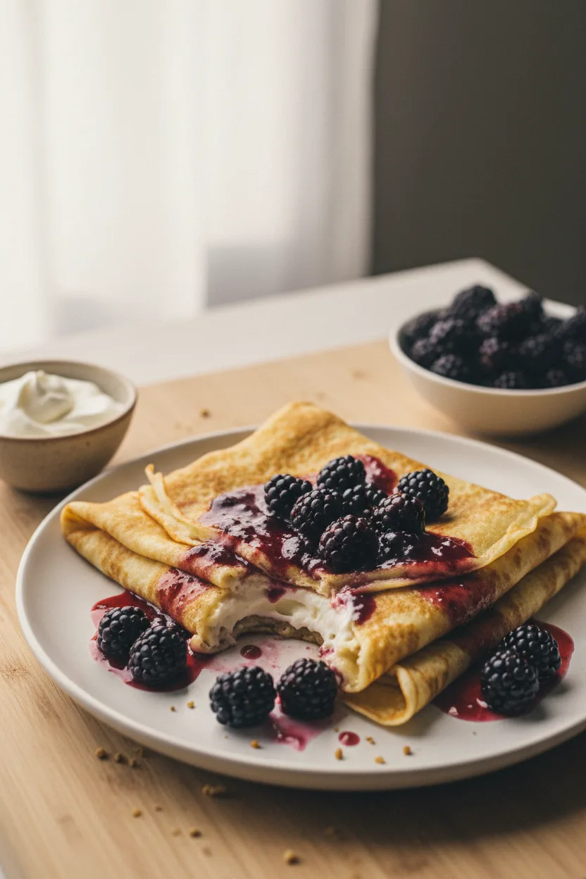 Thinly rolled crepes generously drizzled with a vibrant berry sauce, topped with fresh blackberries. Served on a white plate with a dollop of whipped cream and a fork. Close-up shot of a breakfast or dessert.