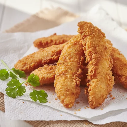 Crispy golden-brown fried chicken tenders piled on textured white paper towel over burlap, with fresh cilantro sprigs and a softly blurred wooden plank background.