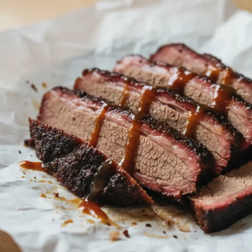 Slices of Crockpot BBQ Beef Brisket piled on white butcher paper. The brisket has a glistening, oily surface sheen with a crispy exterior bark and tender interior, pools of amber-colored BBQ sauce are visible.