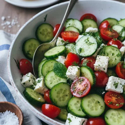 A vibrant and fresh Cucumber Tomato Feta Salad in a white ceramic bowl, featuring glossy cucumber slices, halved cherry tomatoes with glistening dressing, and feta cubes dusted with herbs. A tarnished silver spoon rests within the salad, with coarse salt, a blue and white linen napkin, and sliced lemons arranged around it.