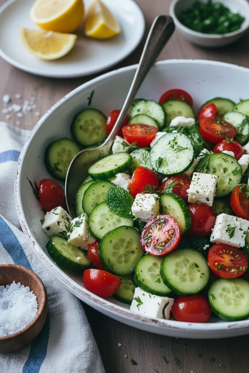 A vibrant and fresh Cucumber Tomato Feta Salad in a white ceramic bowl, featuring glossy cucumber slices, halved cherry tomatoes with glistening dressing, and feta cubes dusted with herbs. A tarnished silver spoon rests within the salad, with coarse salt, a blue and white linen napkin, and sliced lemons arranged around it.