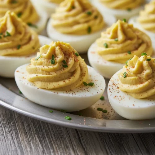 A close-up, artfully arranged platter of creamy deviled eggs, sprinkled with paprika and herbs, showcasing a smooth texture and soft lighting.