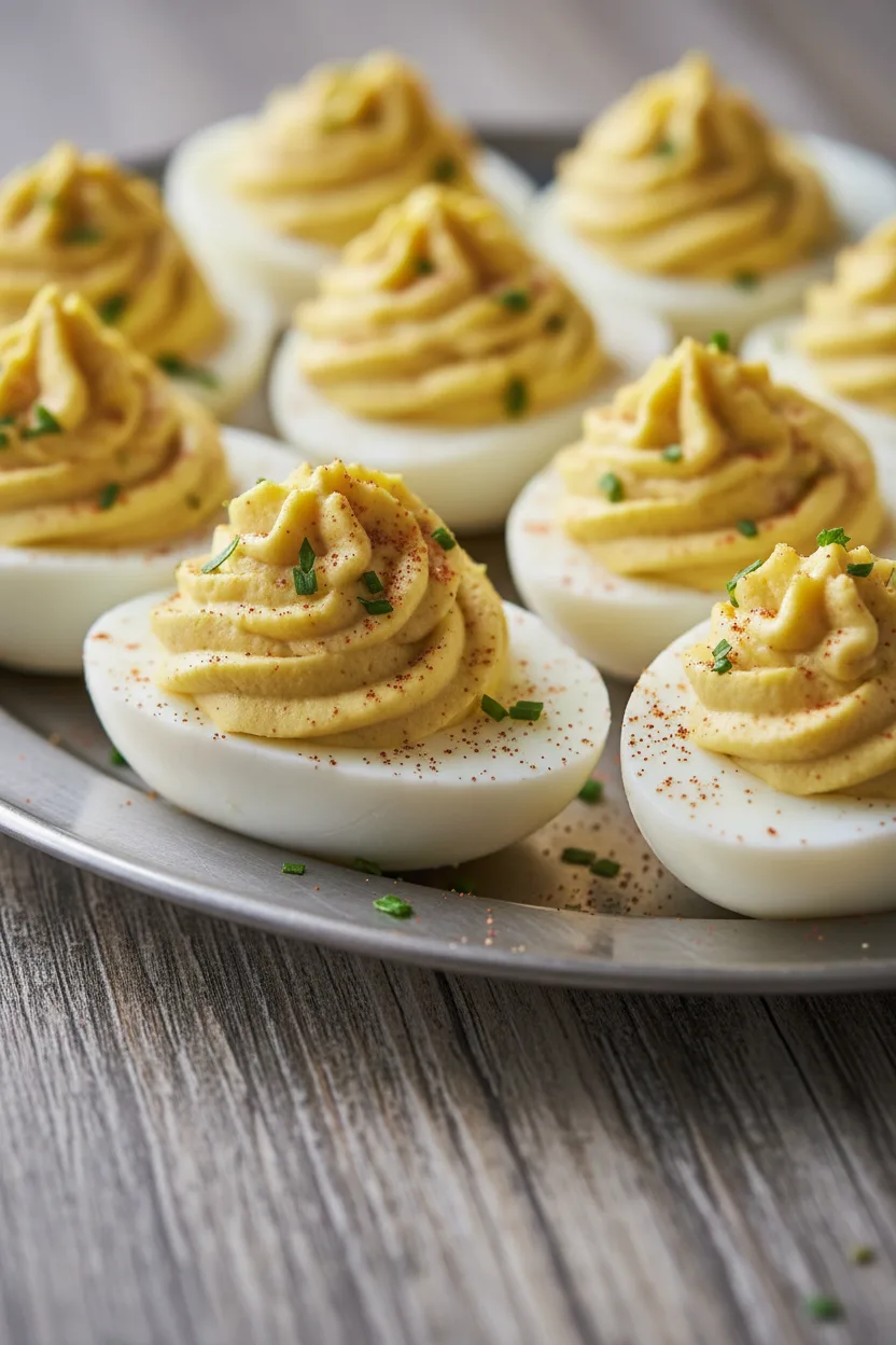 A close-up, artfully arranged platter of creamy deviled eggs, sprinkled with paprika and herbs, showcasing a smooth texture and soft lighting.