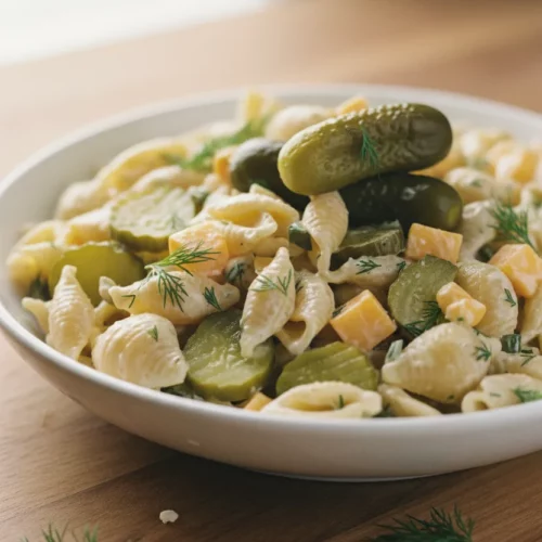 A vibrant dill pickle pasta salad in a shallow white bowl. The pasta shells are coated in a creamy sauce, mixed with diced pickles, cheddar cheese cubes, and fresh dill sprigs. Two whole pickles are stacked on top as a garnish.