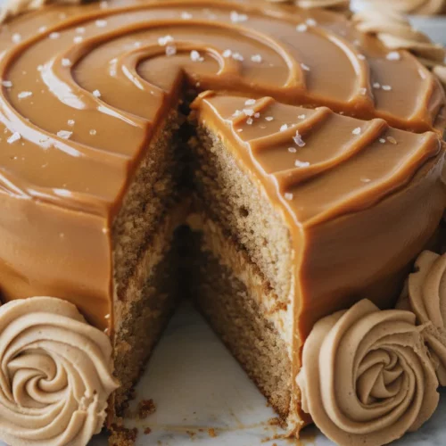 A slice of dulce de leche cake is displayed with caramel frosting, coarse sea salt, and buttercream rosettes. The cake's moist sponge layers and creamy filling are visible. Focus is on the front edge of the cut slice, highlighting textures. Warm, golden color grading.