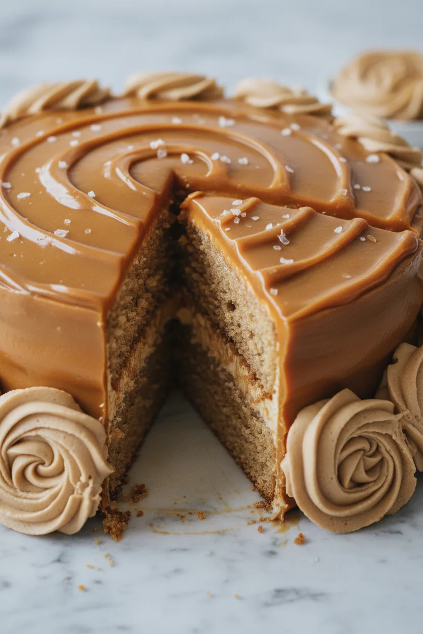 A slice of dulce de leche cake is displayed with caramel frosting, coarse sea salt, and buttercream rosettes. The cake's moist sponge layers and creamy filling are visible. Focus is on the front edge of the cut slice, highlighting textures. Warm, golden color grading.