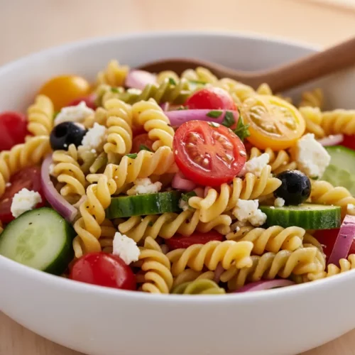 Close-up of a vibrant Easy Italian Pasta Salad featuring tricolor rotini pasta, glistening cherry tomatoes, crisp cucumber chunks, crumbled feta cheese, and sliced black olives, dressed with a light dressing in a bright white bowl. A wooden spoon rests partially submerged in the salad.