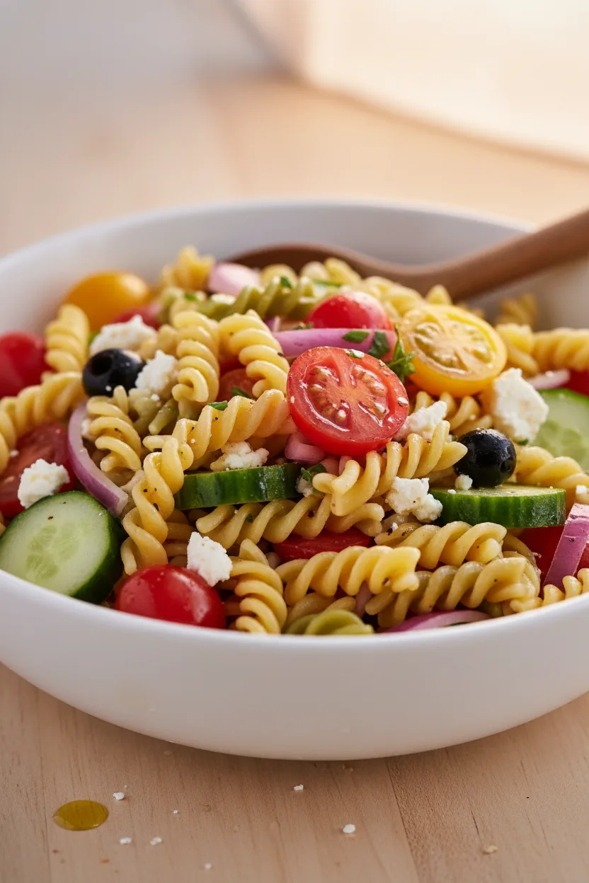Close-up of a vibrant Easy Italian Pasta Salad featuring tricolor rotini pasta, glistening cherry tomatoes, crisp cucumber chunks, crumbled feta cheese, and sliced black olives, dressed with a light dressing in a bright white bowl. A wooden spoon rests partially submerged in the salad.