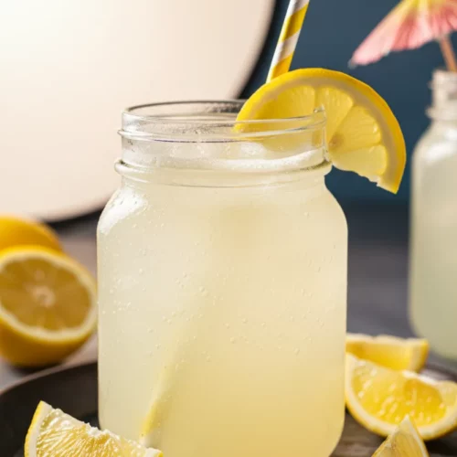 A frothy, pale yellow frozen lemonade in a glass mason jar, garnished with a lemon slice and a striped paper straw, set against a blurred background of lemons and other drinks.