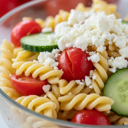 Overhead shot of Greek Pasta Salad in a clear glass bowl featuring rotini pasta, halved tomatoes, cucumbers, and crumbled feta cheese. The salad is brightly lit and appears fresh and appetizing.
