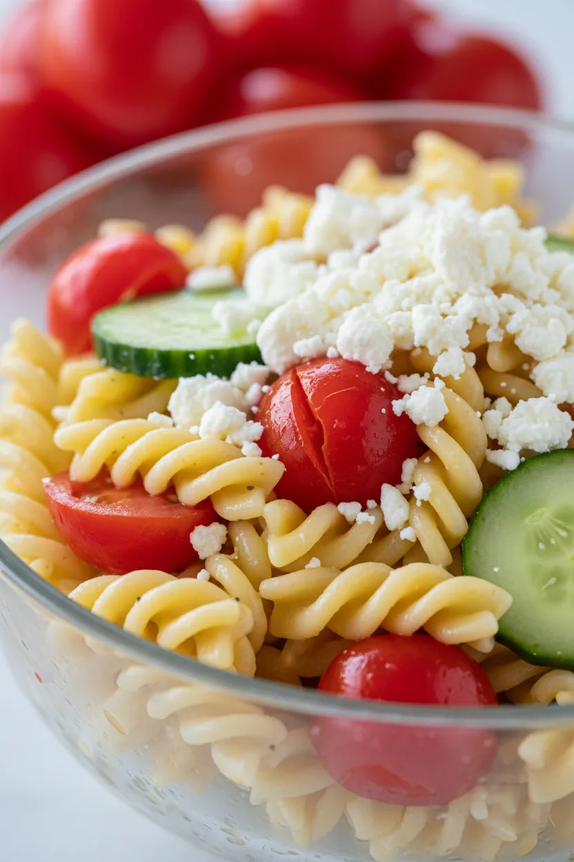 Overhead shot of Greek Pasta Salad in a clear glass bowl featuring rotini pasta, halved tomatoes, cucumbers, and crumbled feta cheese. The salad is brightly lit and appears fresh and appetizing.