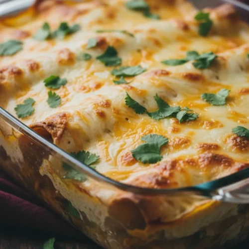 A close-up of a casserole dish filled with Green Chile Chicken Enchiladas. Melted white and cheddar cheese covers the enchiladas, topped with fresh green cilantro. The dish sits on a dark wood surface.