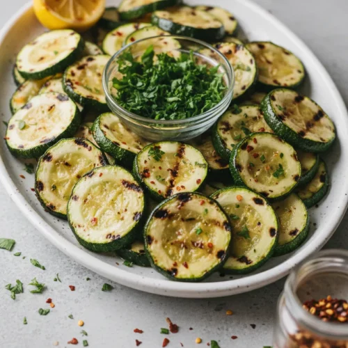 Grilled zucchini slices on a speckled white plate garnished with parsley and red pepper flakes. A lemon half is in the upper left corner, and a jar of red pepper flakes is in the lower right. The surface is light gray concrete.