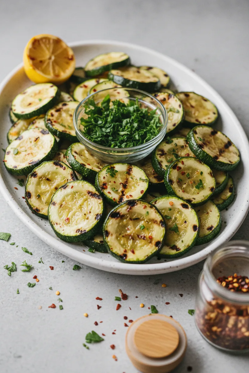 Grilled zucchini slices on a speckled white plate garnished with parsley and red pepper flakes. A lemon half is in the upper left corner, and a jar of red pepper flakes is in the lower right. The surface is light gray concrete.