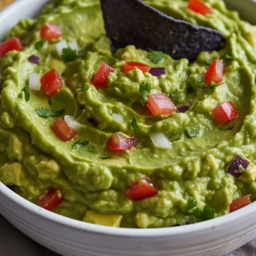 A bowl of coarsely mashed guacamole with visible pieces of avocado, tomato, and onion, served with vibrant blue and tan homemade chips. The aesthetic is bright and inviting, showcasing the freshness of the Guacamole with Homemade Chips.