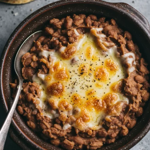 A bowl of homemade refried beans topped with melted cheese and speckled with black pepper. A tarnished silver spoon sits in the beans, with blurry tortillas and a mottled grey background.