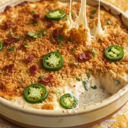 A close-up of jalapeno popper dip with beef bacon, featuring a golden-brown breadcrumb topping, melted cheese, sliced jalapenos, cilantro, and crispy bacon pieces served in a rustic ceramic dish, accompanied by tortilla chips.