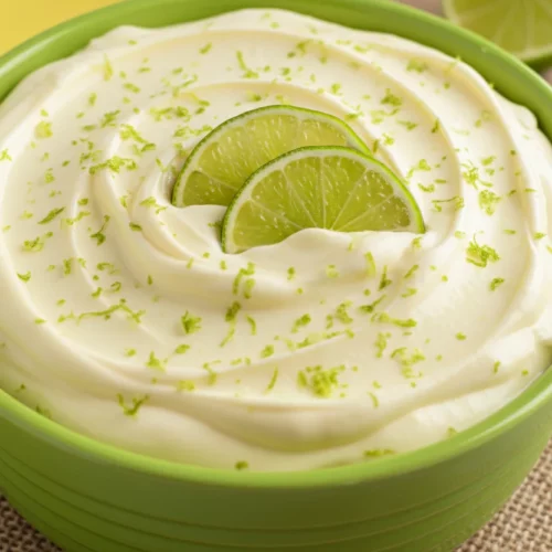 Key lime pie dip in a bright green bowl, garnished with lime zest and fresh lime slices, presented on a burlap mat with a yellow napkin.