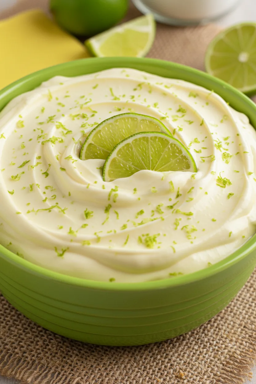 Key lime pie dip in a bright green bowl, garnished with lime zest and fresh lime slices, presented on a burlap mat with a yellow napkin.