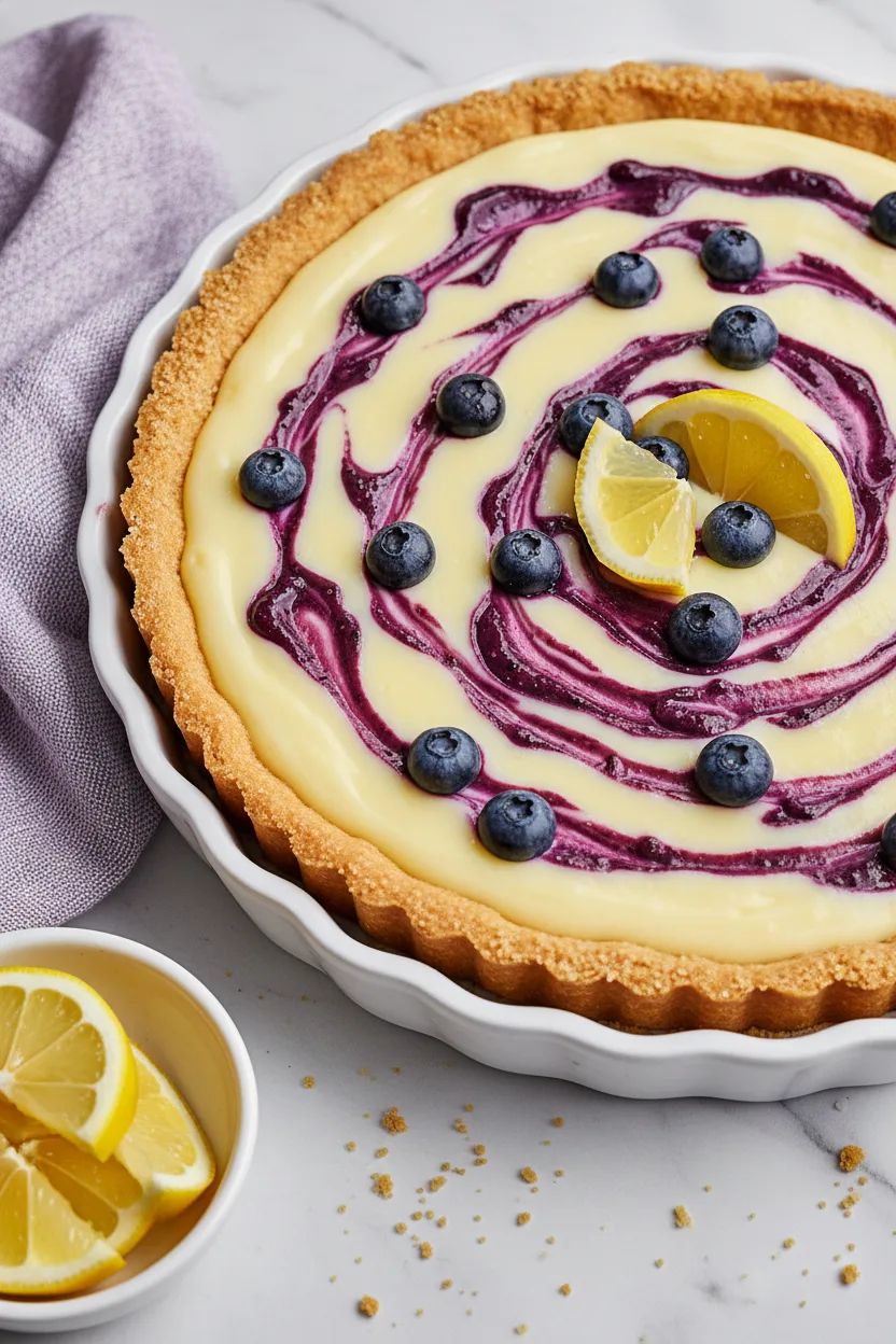 A vibrant lemon blueberry tart with a sandy-textured crust and a pale yellow filling, swirled with purple blueberries and garnished with glistening lemon wedges. The tart sits on a white, scalloped dish on a white marble surface with a purple-and-white linen napkin.