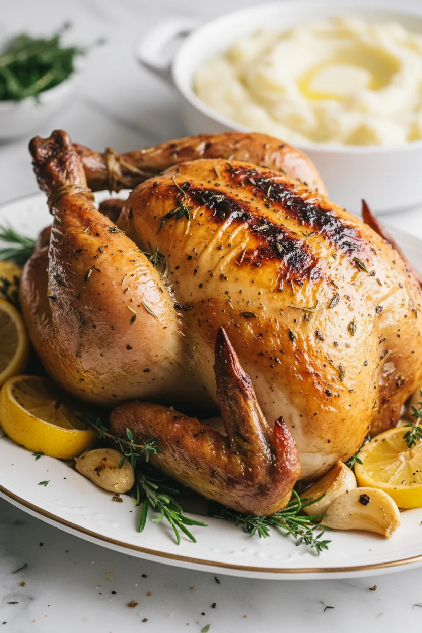 A whole lemon herb roasted chicken on a white platter, garnished with rosemary, thyme, lemon wedges, and roasted garlic. The chicken skin is crisp and golden brown, displayed on a white marble surface with mashed potatoes partially visible in the background.