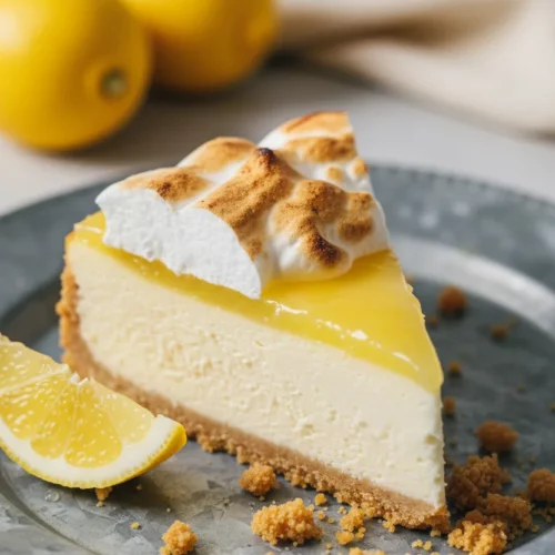 A slice of Lemon Meringue Cheesecake featuring a crumbly crust, creamy lemon filling, vivid lemon curd topping and a fluffy, lightly toasted meringue, presented on a weathered steel plate with a lemon wedge and blurred fork.