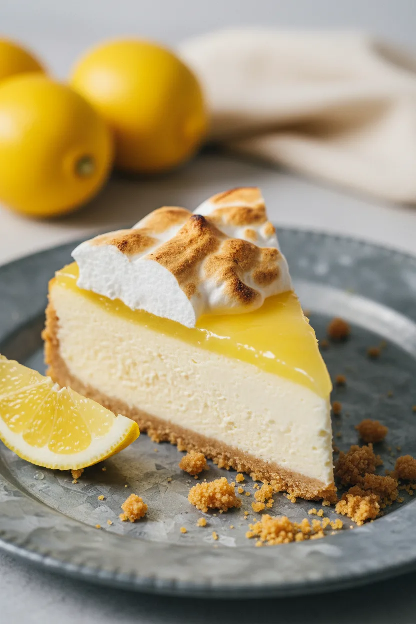 A slice of Lemon Meringue Cheesecake featuring a crumbly crust, creamy lemon filling, vivid lemon curd topping and a fluffy, lightly toasted meringue, presented on a weathered steel plate with a lemon wedge and blurred fork.