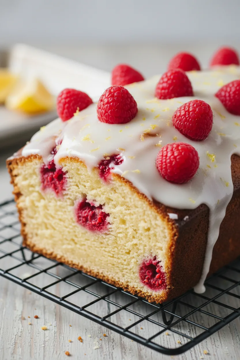 A close-up of a raspberry lemon loaf cake featuring a light golden-yellow crumb with vibrant pink raspberry swirls and a thick, glossy glaze, adorned with fresh raspberries and lemon zest. The cake rests on a black wire rack on a pale wooden surface, highlighted by soft, diffused lighting.