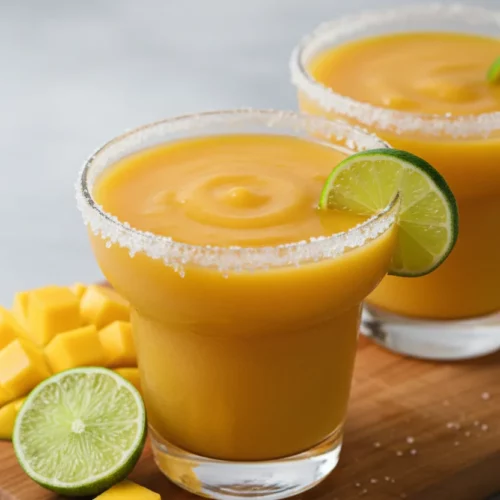 Two mango margarita mocktails in sugar-rimmed glasses, garnished with lime slices, sitting on a wooden cutting board with fresh mango chunks and a lime half.