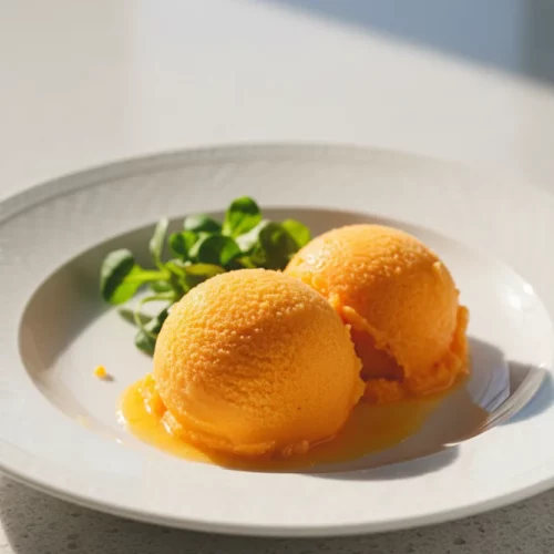 Two scoops of vibrant orange mango sorbet with a slightly icy texture, placed on a white ceramic plate with fresh green leaves. A small pool of melted sorbet is visible around the base.