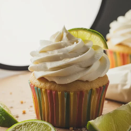 A non-alcoholic Margarita cupcake topped with creamy white frosting and a juicy lime slice. Coarse sea salt is scattered around the base, and lime wedges are nearby. The cupcake is in a colorful striped liner.