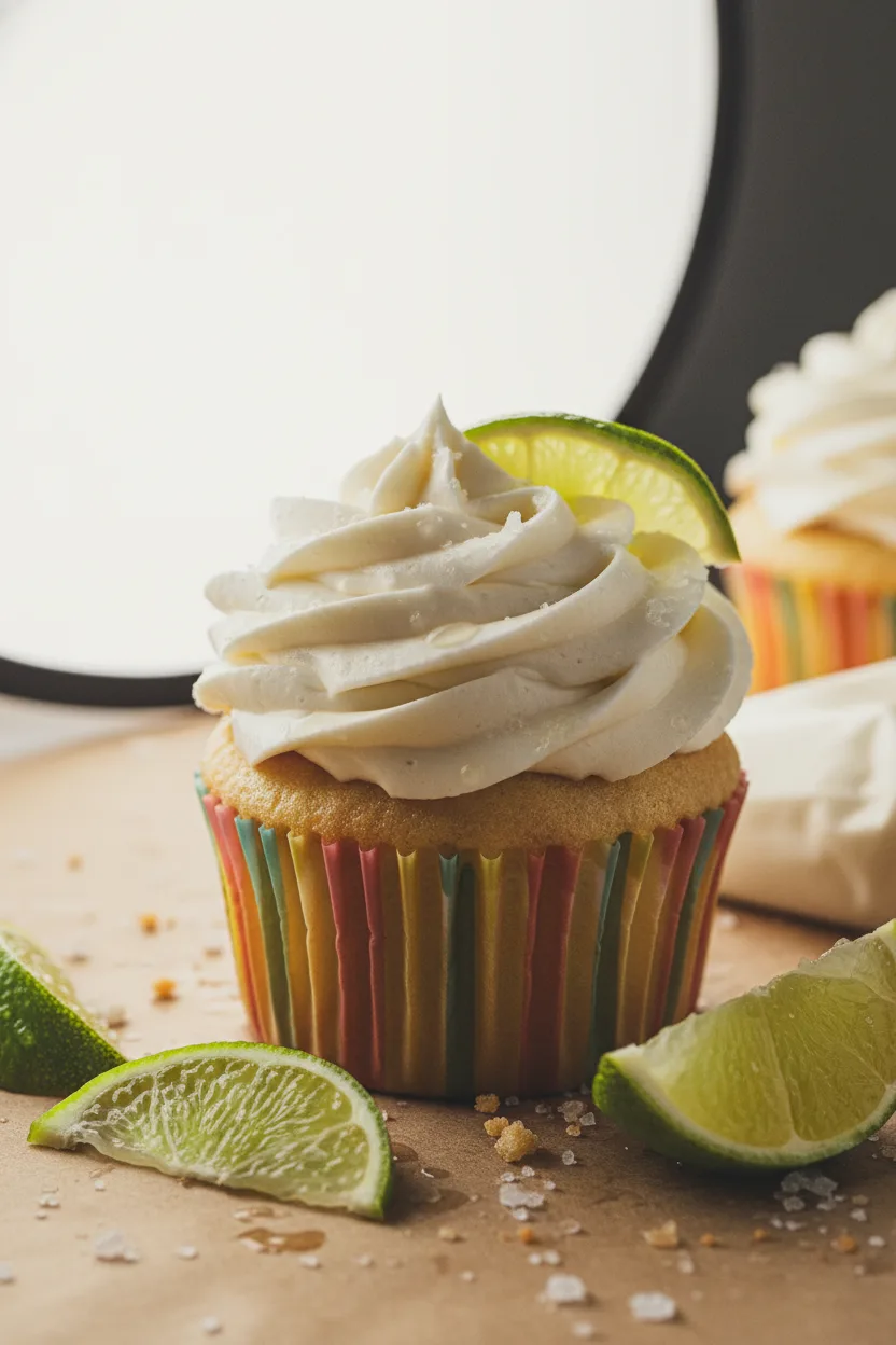 A non-alcoholic Margarita cupcake topped with creamy white frosting and a juicy lime slice. Coarse sea salt is scattered around the base, and lime wedges are nearby. The cupcake is in a colorful striped liner.