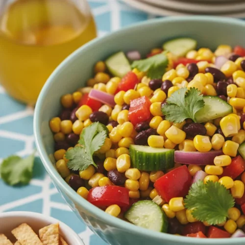 A vibrant Mexican Chopped Salad in a turquoise ribbed bowl. The salad features corn kernels, diced bell peppers, red onion, cucumbers, black beans, and cilantro. A clear glass bottle of golden vinaigrette is to the left, and a small white bowl of tortilla strips is in the foreground. It sits on a blurred blue patterned cloth with a stack of white plates in the background.