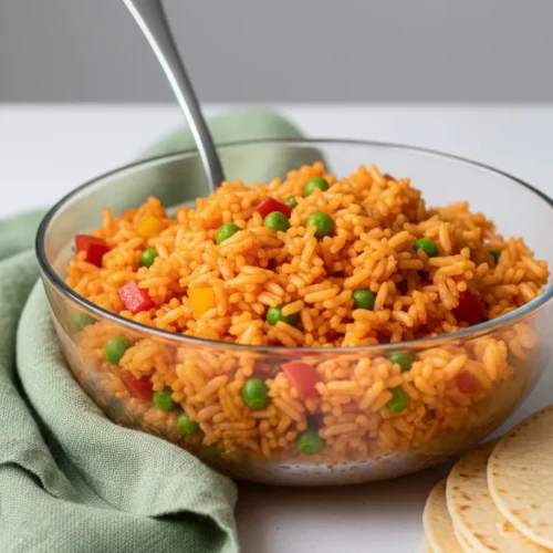 A bowl of vibrant, restaurant-style Mexican rice is presented with visible green peas and diced vegetables. A silver serving spoon is plunged into the rice, which is served in a glass bowl on a white surface with a sage-green linen napkin and a stack of warm tortillas in the background.