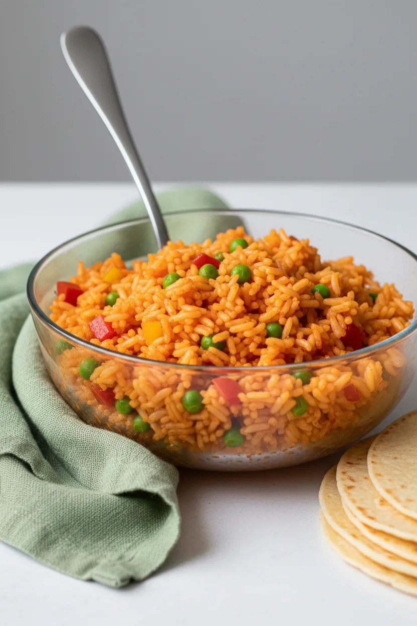 A bowl of vibrant, restaurant-style Mexican rice is presented with visible green peas and diced vegetables. A silver serving spoon is plunged into the rice, which is served in a glass bowl on a white surface with a sage-green linen napkin and a stack of warm tortillas in the background.