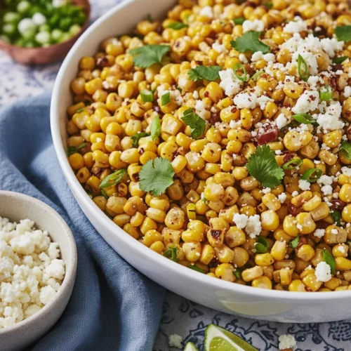 A vibrant bowl of Mexican Street Corn Salad featuring charred corn kernels, crumbled cotija cheese, chopped scallions, cilantro, and chili powder. The salad is served in a white ceramic bowl on a blue and white patterned tablecloth with lime wedges and a wooden spoon.