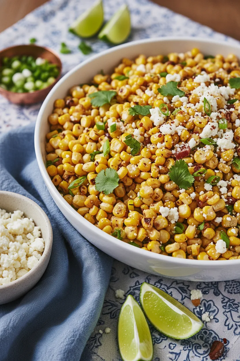 A vibrant bowl of Mexican Street Corn Salad featuring charred corn kernels, crumbled cotija cheese, chopped scallions, cilantro, and chili powder. The salad is served in a white ceramic bowl on a blue and white patterned tablecloth with lime wedges and a wooden spoon.