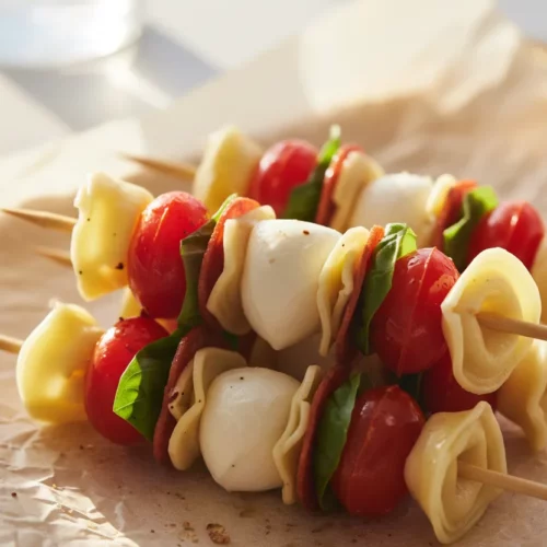 Mini pasta salad cups appetizer featuring tortellini, mozzarella balls, pepperoni, cherry tomatoes and basil leaves arranged on rustic parchment paper. The skewers are displayed under bright, airy lighting with a golden hue.