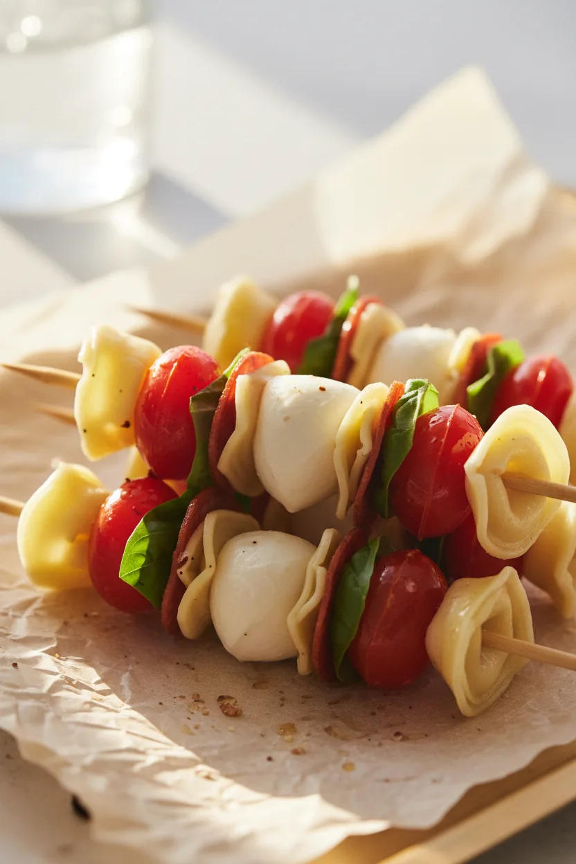 Mini pasta salad cups appetizer featuring tortellini, mozzarella balls, pepperoni, cherry tomatoes and basil leaves arranged on rustic parchment paper. The skewers are displayed under bright, airy lighting with a golden hue.
