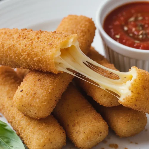 Crispy golden-brown mozzarella sticks, with melted and stretchy cheese oozing out, served on a white plate with a basil leaf and a side of dipping sauce.