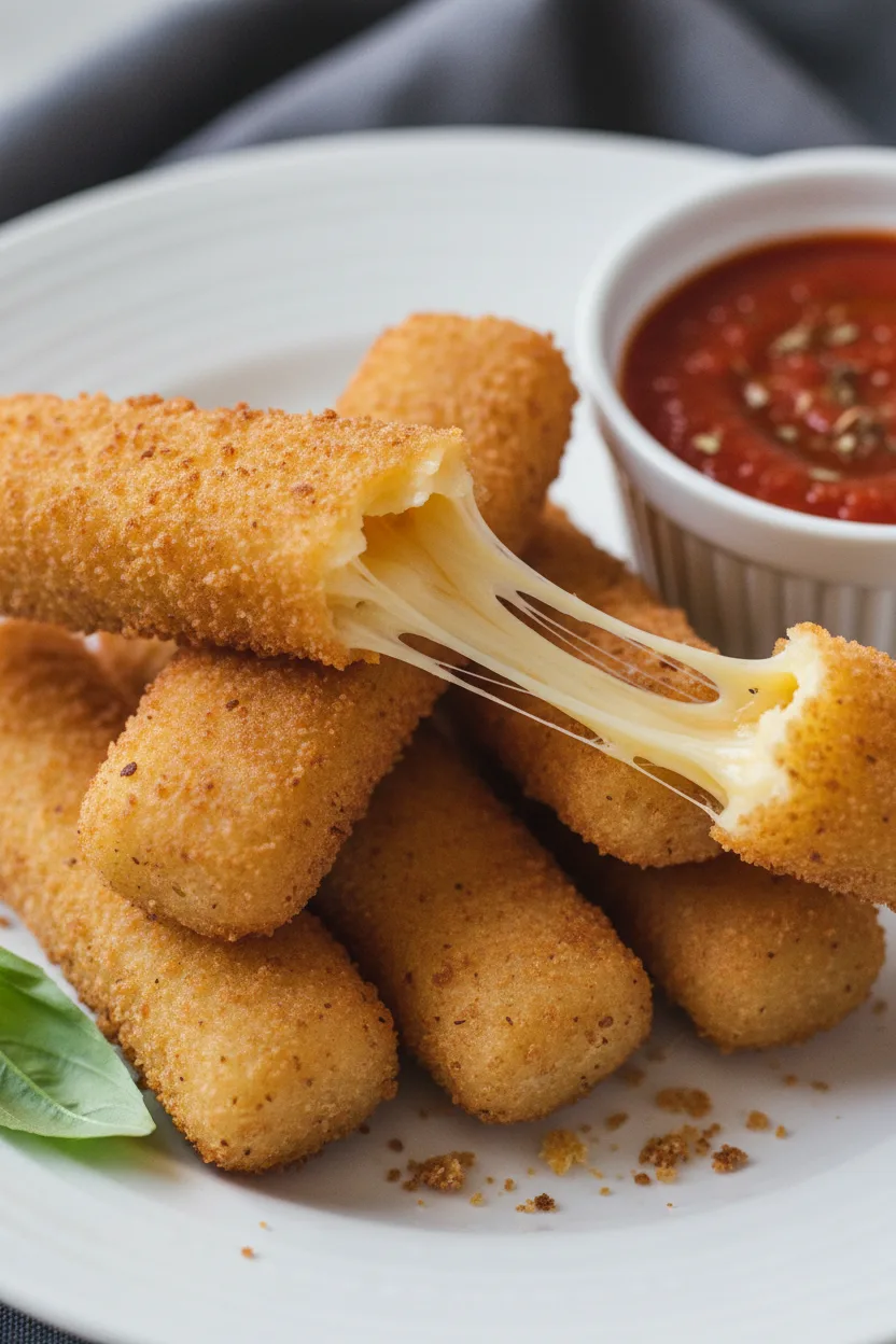Crispy golden-brown mozzarella sticks, with melted and stretchy cheese oozing out, served on a white plate with a basil leaf and a side of dipping sauce.